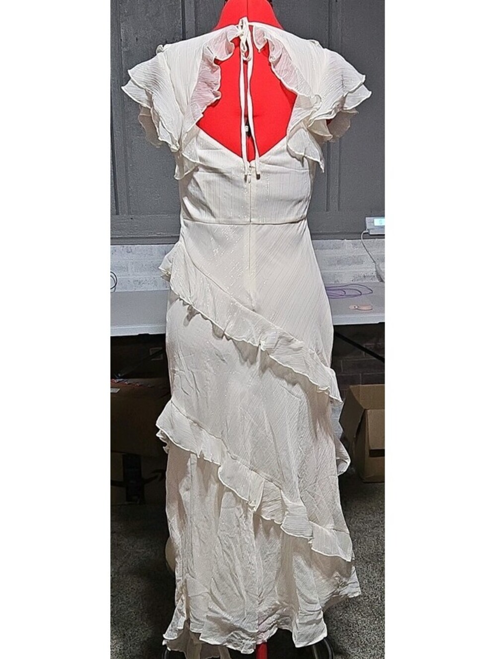 francesca's Cream Solid Maxi Dress S V-Neck Flutter Sleeve Open Back Zip - Picture 4 of 7